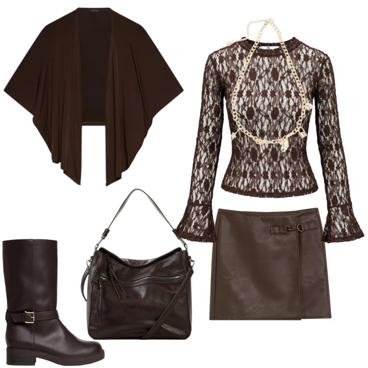 Outfit donna - Brown. Stile Minimal per Serata fuori. Abbinamento con top, blazer, gonne, stivali, collane, borse a tracolla.