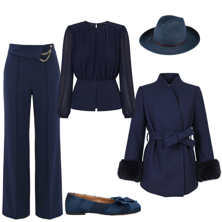 Outfit donna - Raffinata in blue. Stile Chic per Ufficio. Abbinamento con cappotti, bluse, pantaloni, cappelli, ballerine.