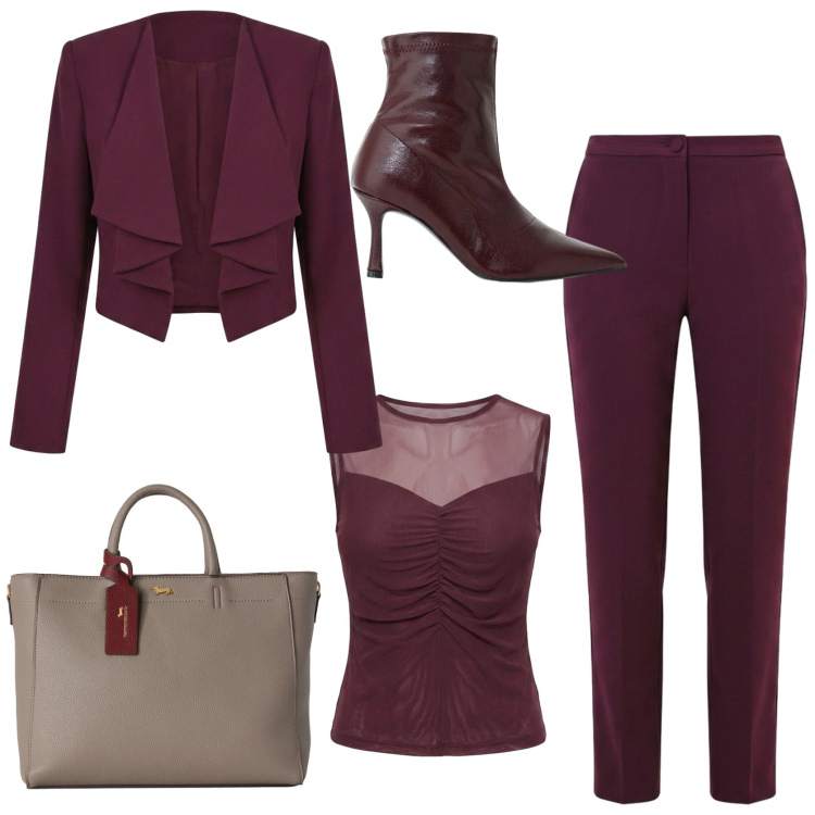 Outfit donna - Serata romantica. Stile Chic per Serata fuori. Abbinamento con borse a mano, stivaletti, blazer, canottiere, pantaloni.