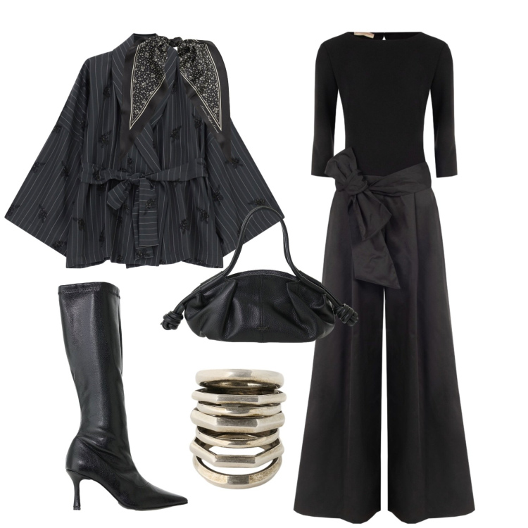 Outfit donna - Total look #2495977. Stile Rock per Serata fuori. Abbinamento con stivali, kimono, borse a mano, tute, foulard, anelli.