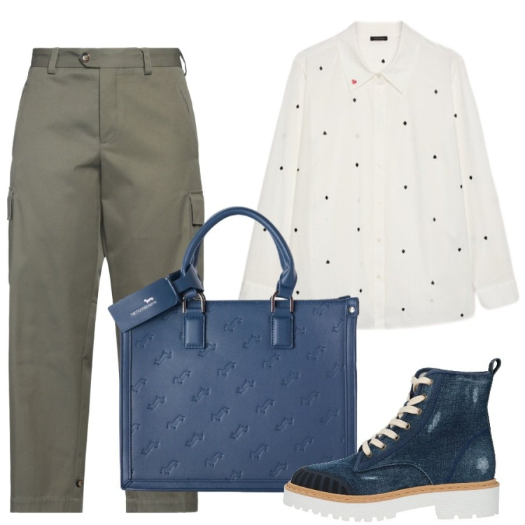Outfit donna - Total look #2495978. Stile Casual per Ufficio. Abbinamento con borse a mano, camicie, stivaletti, pantaloni cargo.