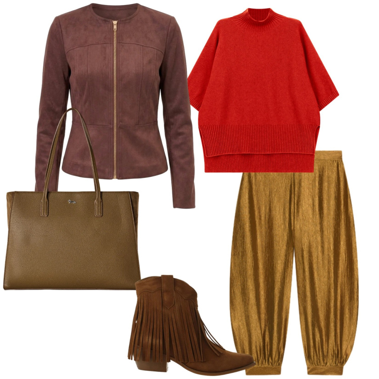 Outfit donna - Colori autunnali. per Tutti i giorni. Abbinamento con shopping bag, stivaletti texani, maglieria, pantaloni, blazer.