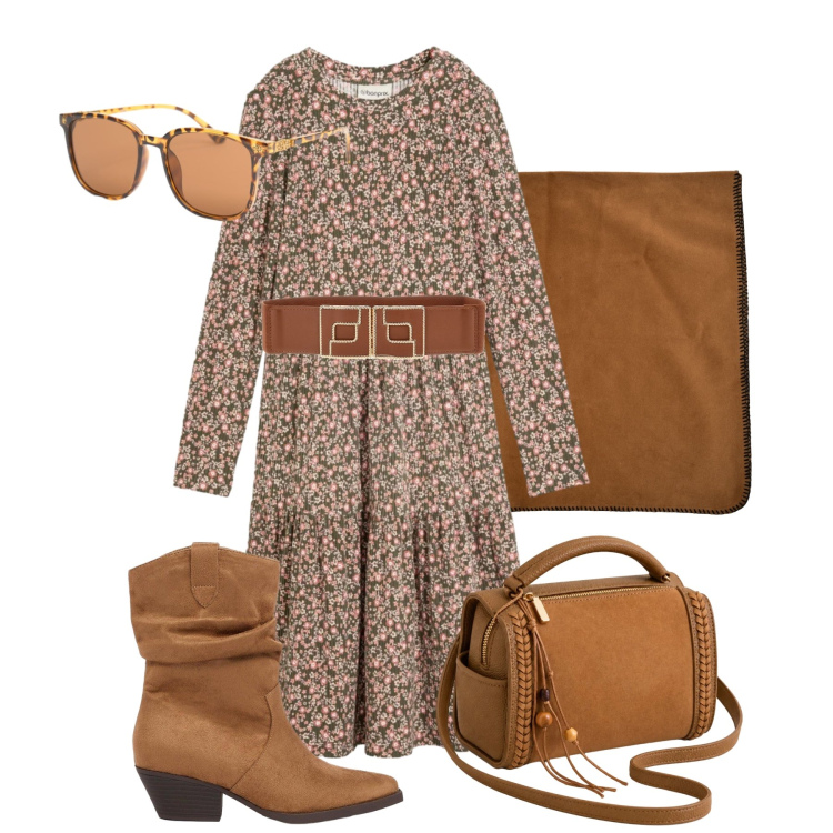 Outfit donna - Bohémien con il poncho. Stile Casual chic per Tutti i giorni. Abbinamento con borse a tracolla, occhiali da sole, cappotti, vestiti midi/longuette, cinture, stivaletti texani.