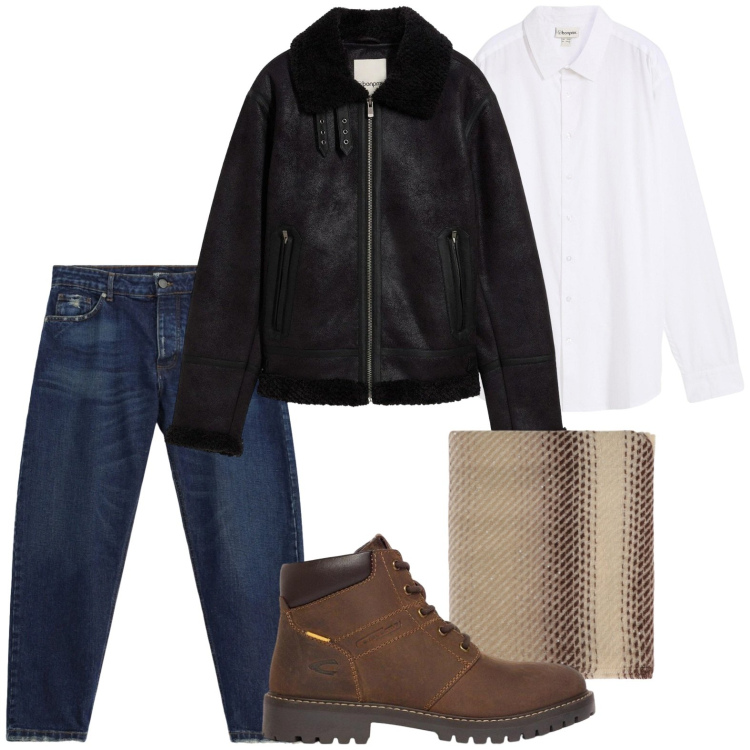 Outfit uomo - Denim & Leather. Stile Casual per Tutti i giorni. Abbinamento con jeans, sciarpe, camicie, giacche, stivali e stivaletti.