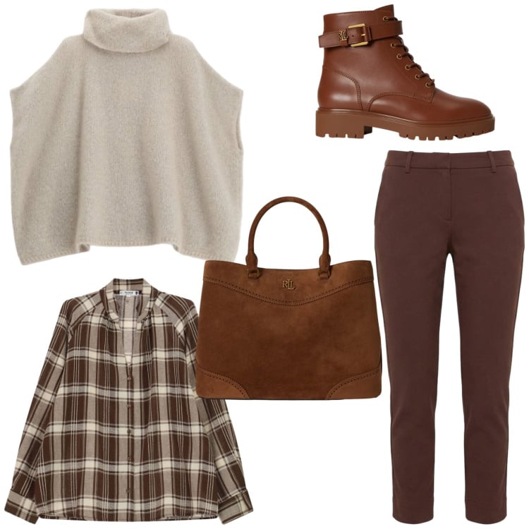 Outfit donna - Weekend in montagna. Stile Casual chic per Tutti i giorni. Abbinamento con pantaloni, maglieria, camicie, borse a mano, anfibi.