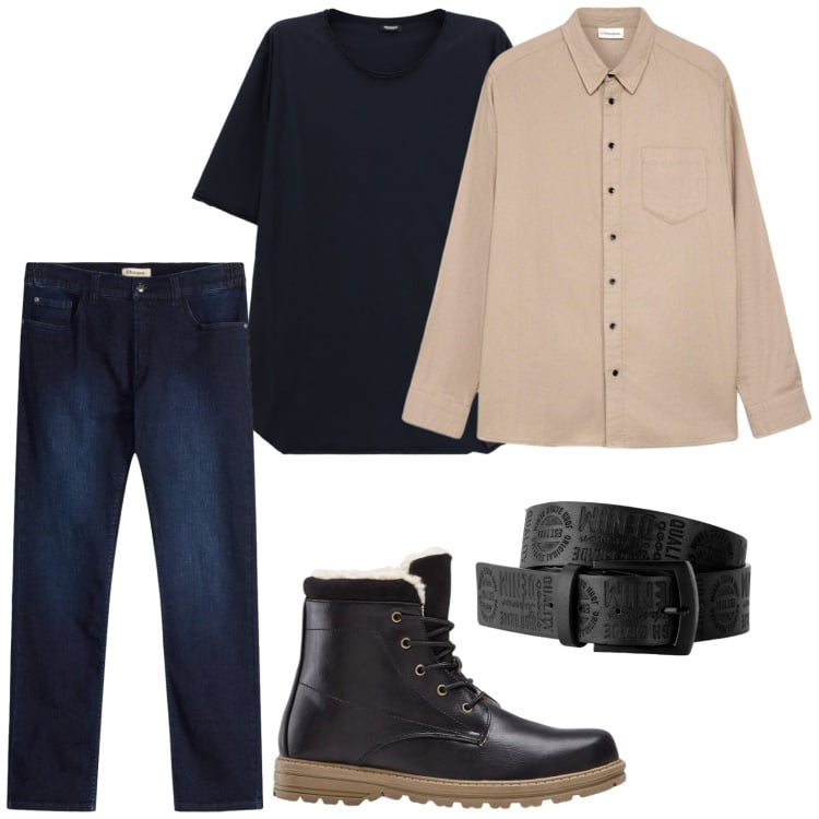 Outfit uomo - Trendy style. Stile Trendy per Tutti i giorni. Abbinamento con t-shirt, stivali e stivaletti, jeans slim fit, camicie, cinture.