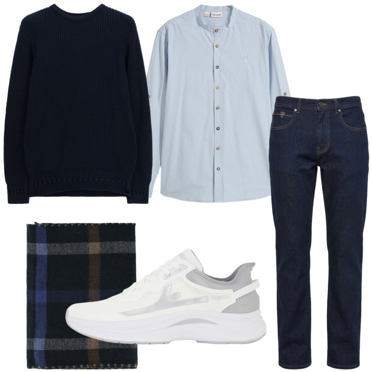 Outfit uomo - Tempo libero. Stile Trendy per Tutti i giorni. Abbinamento con jeans, maglieria, sciarpe, sneakers, camicie.