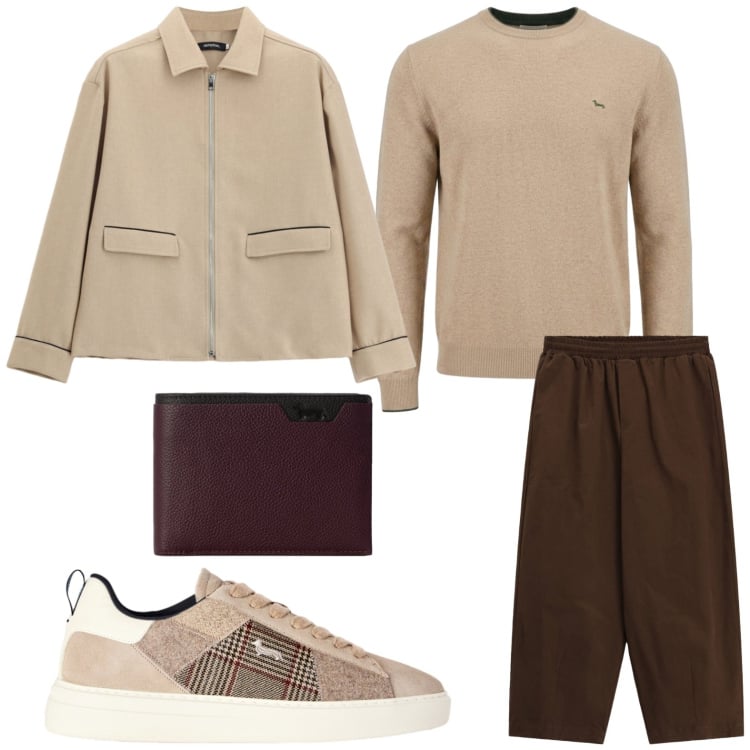 Outfit uomo - Giacca camicia con zip. Stile Trendy per Tutti i giorni. Abbinamento con sneakers, maglieria, portafogli, cappotti, pantaloni a palazzo.