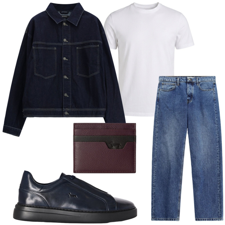 Outfit uomo - Giubbino denim. Stile Trendy per Tutti i giorni. Abbinamento con t-shirt, portafogli, sneakers, jeans, cappotti.