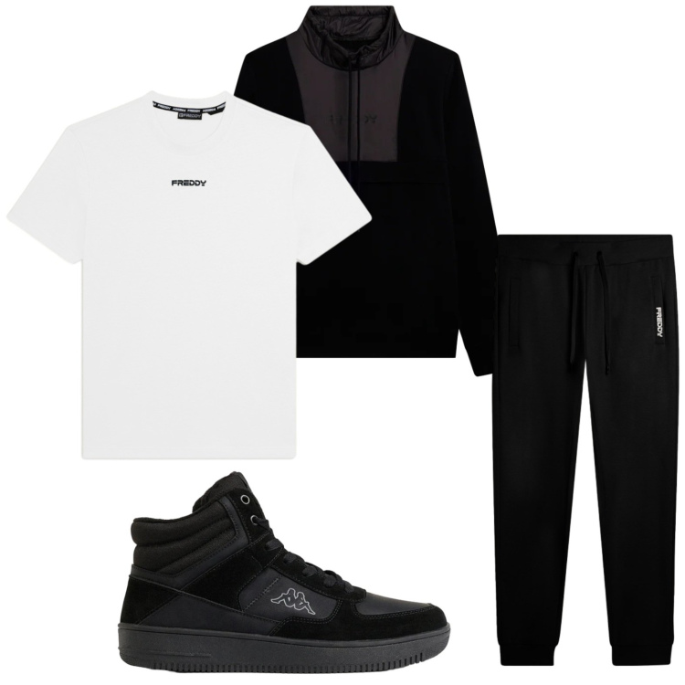 Outfit uomo - Sportivo black. Stile Casual per Tutti i giorni. Abbinamento con t-shirt, felpe, pantaloni, sneakers alte.