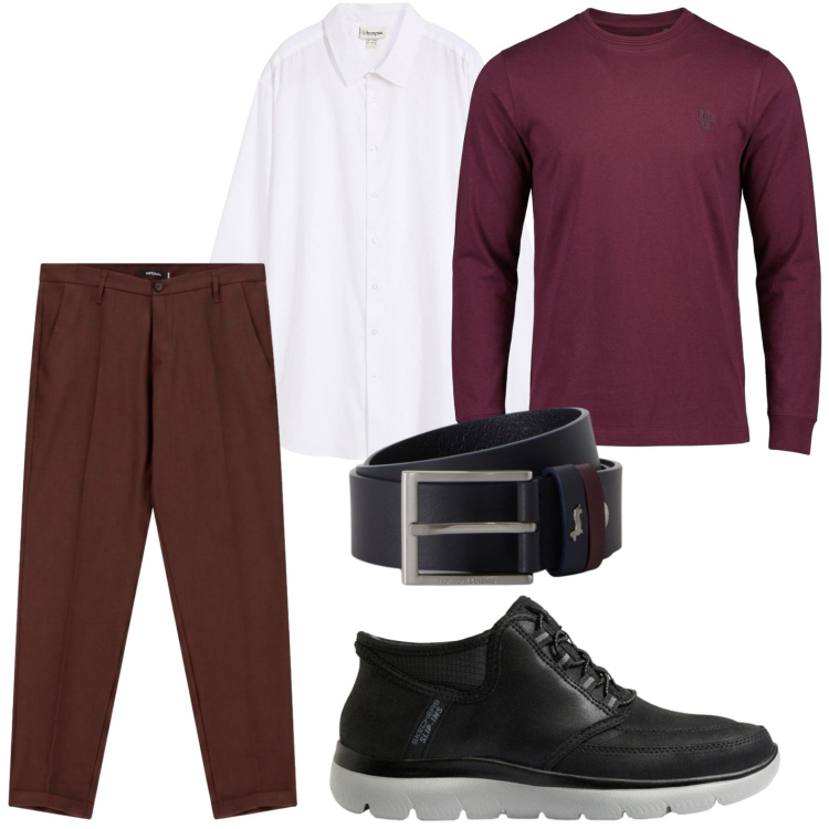 Outfit uomo - Burgundy style. Stile Casual per Tutti i giorni. Abbinamento con cinture, t-shirt, pantaloni, camicie, sneakers.