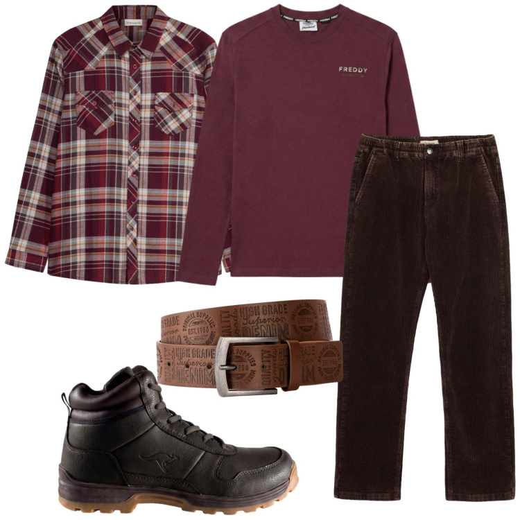 Outfit uomo - Quadri wine. Stile Casual per Tutti i giorni. Abbinamento con t-shirt, cinture, camicie, pantaloni, stivali e stivaletti.