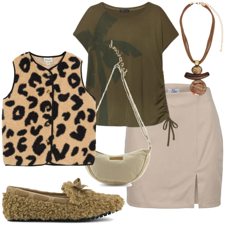 Outfit donna - Casual. Stile Casual per Tutti i giorni. Abbinamento con minigonne, ciondoli, t-shirt, mocassini, piumini, borse a tracolla.