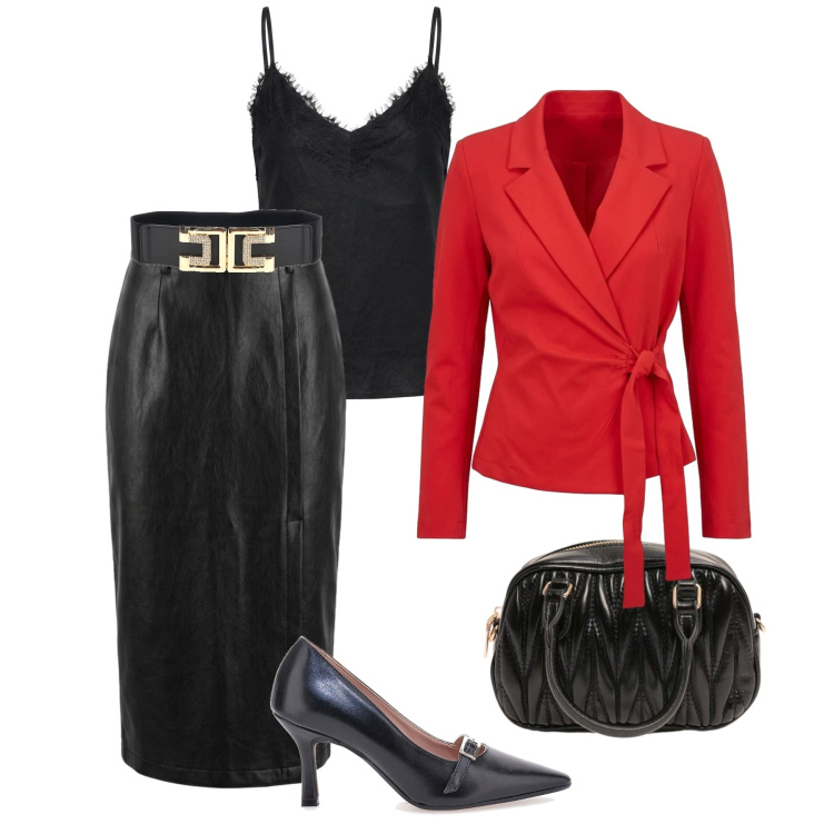 Outfit donna - Riunione in giacca rossa. Stile Chic per Ufficio. Abbinamento con borse a mano, blazer, top, gonne longuette, cinture, décolleté.