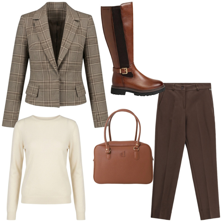 Outfit donna - Stile British e weekend in campagna. Stile Casual chic per Tutti i giorni. Abbinamento con pantaloni, borse a mano, blazer, maglieria, stivali.