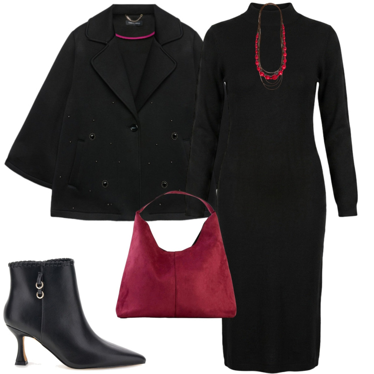 Outfit donna - Pop of red. Stile Casual chic per Serata fuori. Abbinamento con cappotti, collane, vestiti midi/longuette, borse a spalla, stivaletti.