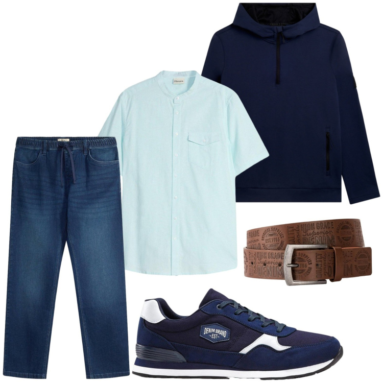 Outfit uomo - Minimal style. Stile Casual per Tutti i giorni. Abbinamento con felpe con cappuccio, sneakers, cinture, camicie a manica corta, jeans dritti.