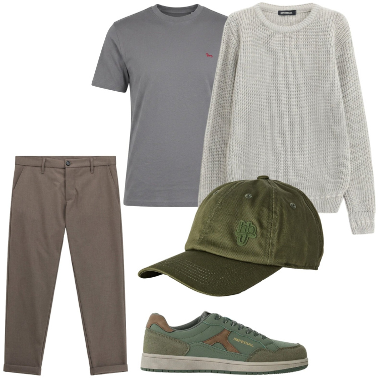Outfit uomo - Colori magnetici. Stile Trendy per Tutti i giorni. Abbinamento con t-shirt, cappelli con visiera, pantaloni, maglieria, sneakers.