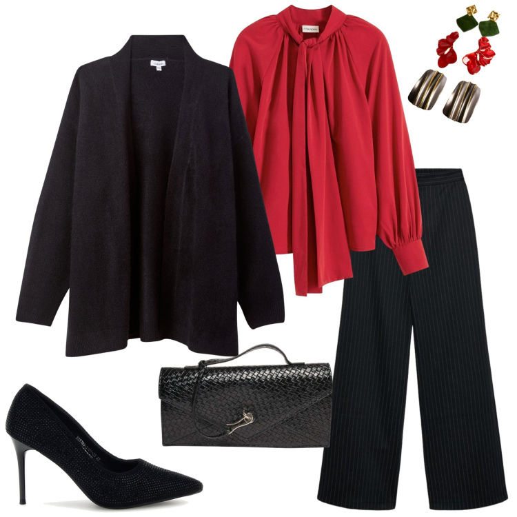 Outfit donna - Pop of red. Stile Casual chic per Serata fuori. Abbinamento con cardigans, pantaloni a palazzo, clutch, orecchini, camicie, décolleté.