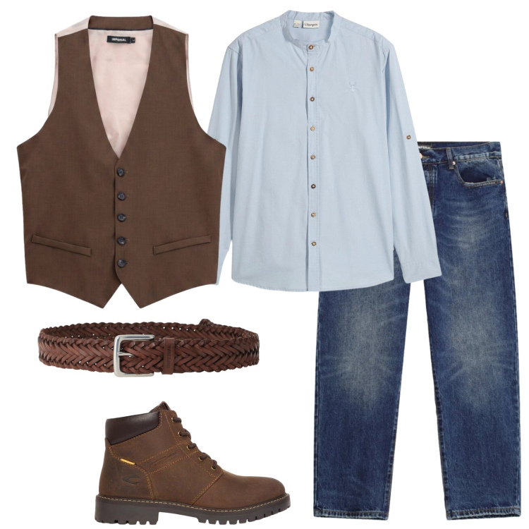 Outfit uomo - Be different. Stile Trendy per Serata speciale. Abbinamento con gilet, jeans dritti, cinture, camicie, stivali e stivaletti.