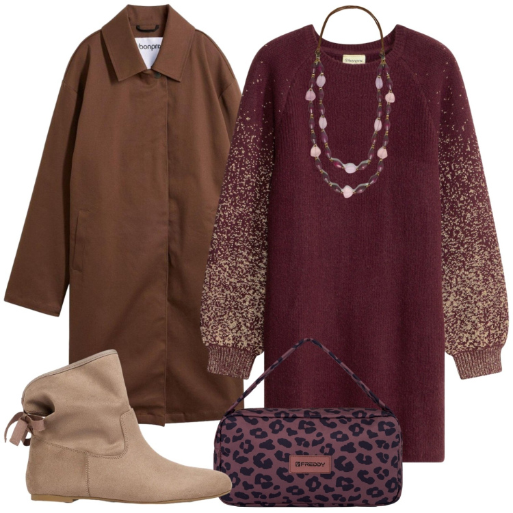 Outfit donna - Ufficio. Stile Casual per Ufficio. Abbinamento con collane, borse a spalla, vestiti, trench, stivaletti.
