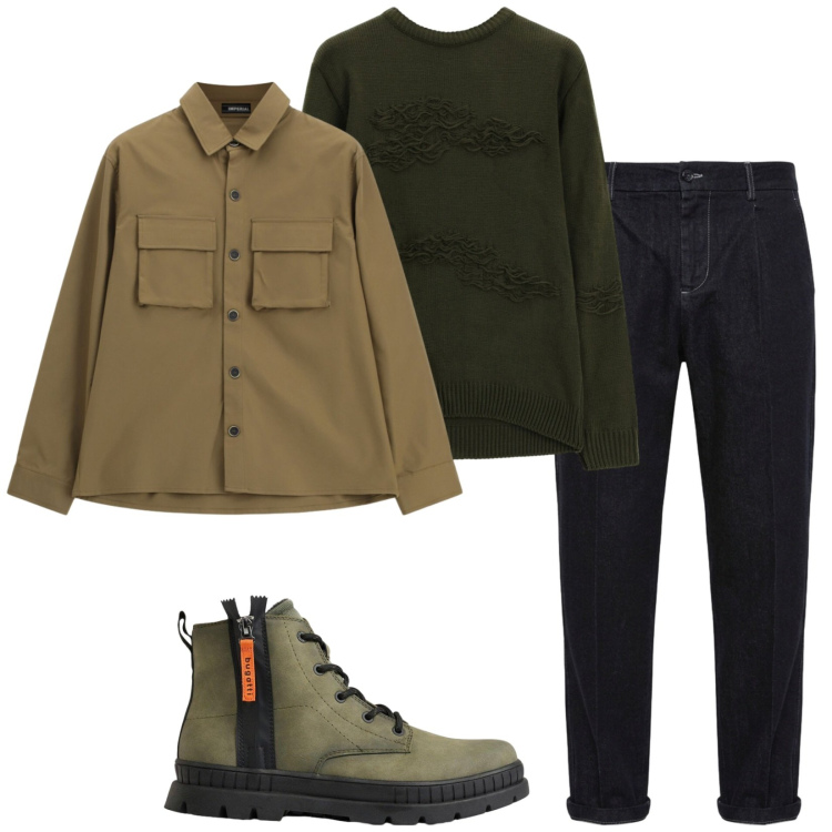 Outfit uomo - Green details. Stile Trendy per Tutti i giorni. Abbinamento con maglieria, jeans, cappotti, stivali e stivaletti.