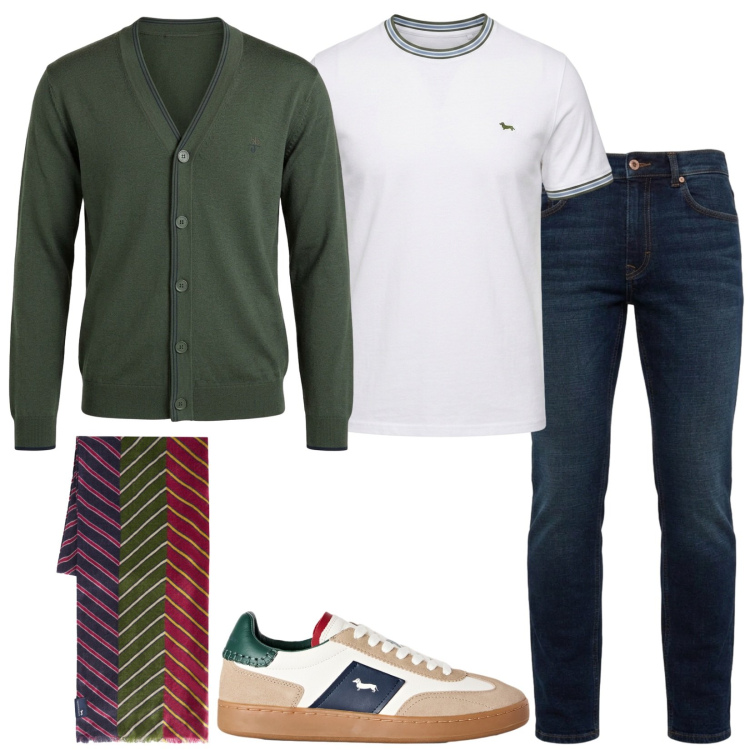 Outfit uomo - Con il cardigan. Stile Casual per Tutti i giorni. Abbinamento con cardigans, sciarpe, jeans, sneakers, t-shirt.