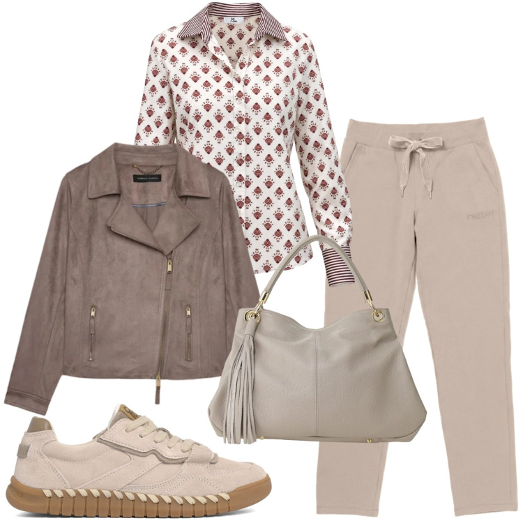 Outfit donna - Autunno. Stile Casual per Tutti i giorni. Abbinamento con camicie, borse a spalla, giacche, pantaloni, sneakers.