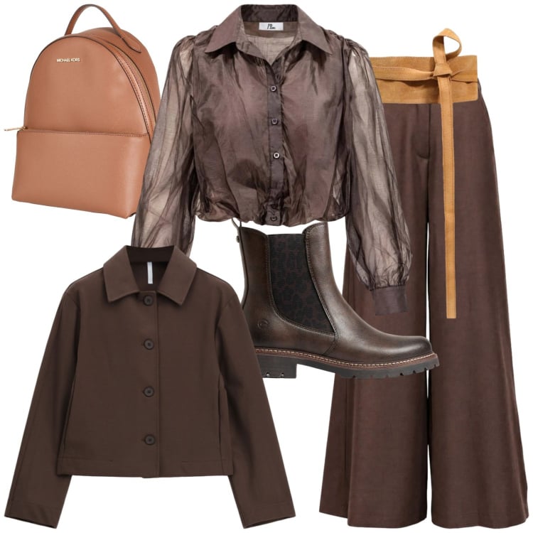 Outfit donna - Città. Stile Casual per Tutti i giorni. Abbinamento con pantaloni a palazzo, camicie, cinture, cappotti, zaini, stivaletti chelsea.