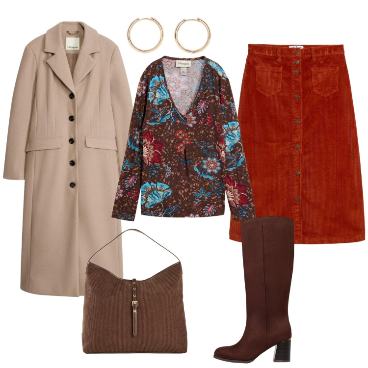 Outfit donna - Caldo ottobre. Stile Casual chic per Tutti i giorni. Abbinamento con gonne longuette, bluse, stivali, shopping bag, orecchini, cappotti.