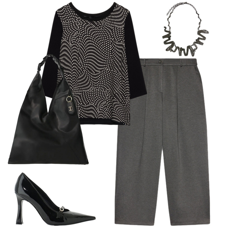 Outfit donna - Fiorella Rubino. Stile Urban per Tutti i giorni. Abbinamento con décolleté, borse a spalla, t-shirt, pantaloni, ciondoli.