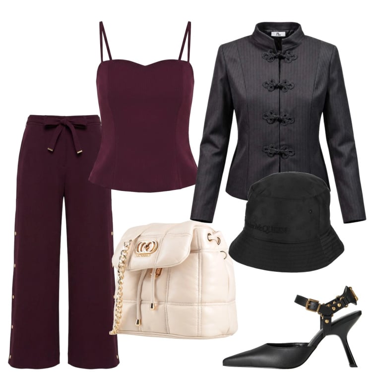 Outfit donna - Total look #2496063. Stile Bon Ton per Serata fuori. Abbinamento con blazer, pantaloni, top, décolleté, valigie, cappelli.