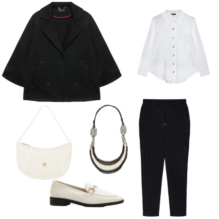 Outfit donna - Bianco nero. Stile Casual chic per Ufficio. Abbinamento con cappotti, pantaloni, collane, camicie, borse a mano, mocassini.