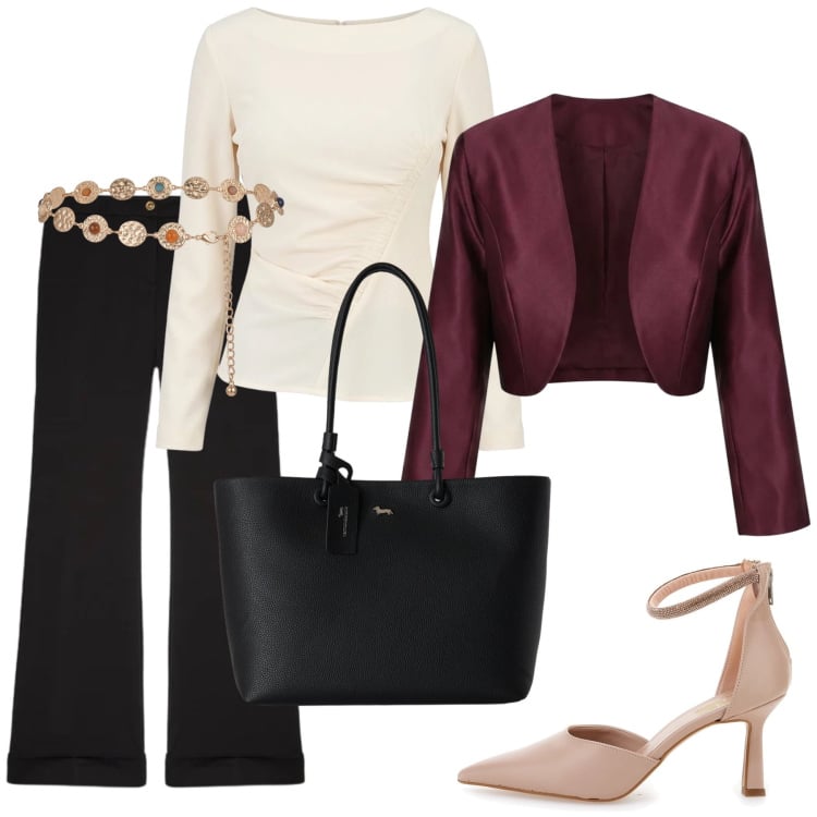 Outfit donna - Total look #2496068. Stile Bon Ton per Serata fuori. Abbinamento con shopping bag, pantaloni, bluse, blazer, cinture, décolleté.