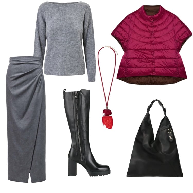Outfit donna - Casual chic d'autunno. Stile Casual chic per Tutti i giorni. Abbinamento con gonne lunghe, borse a spalla, piumini, ciondoli, maglieria, stivali.
