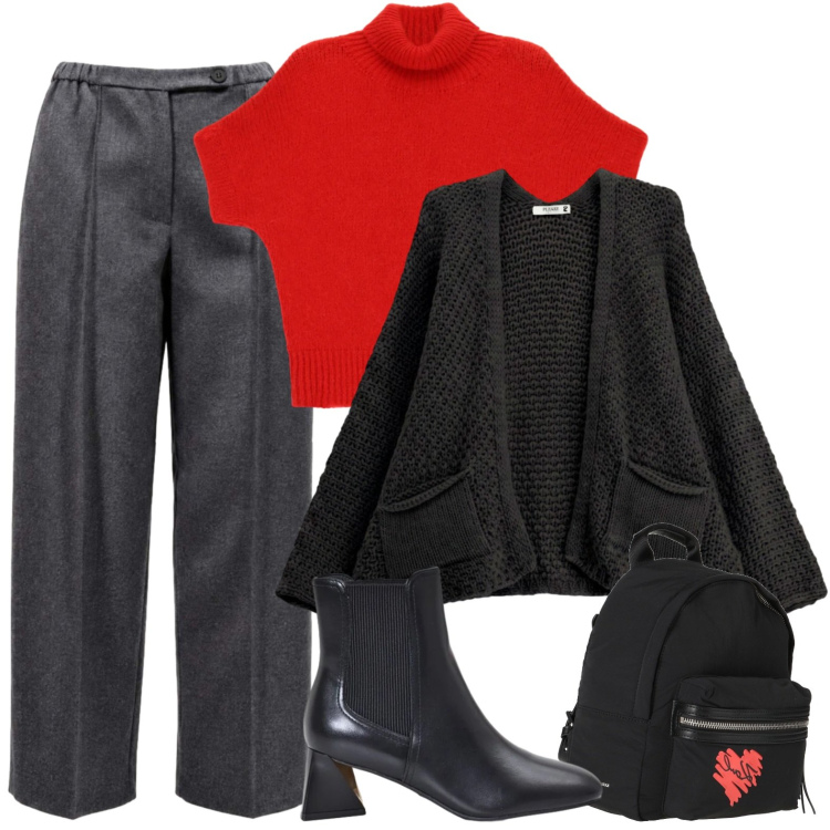 Outfit donna - Rosso e grigio. Stile Casual per Ufficio. Abbinamento con pantaloni, maglieria, cardigans, stivaletti, zaini.