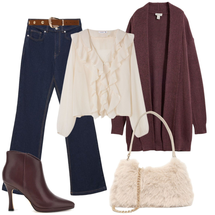 Outfit donna - Total look #2496077. Stile Urban per Tutti i giorni. Abbinamento con cinture, jeans bootcut, borse a spalla, bluse, stivaletti, cardigans.