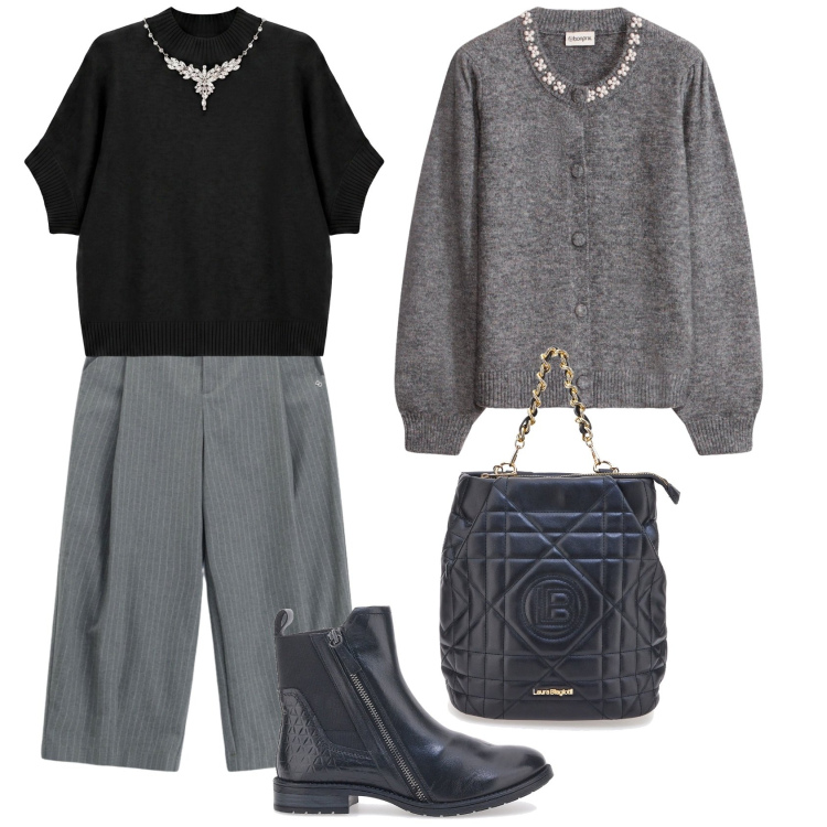 Outfit donna - Total look #2496078. Stile Glamour per Tutti i giorni. Abbinamento con maglieria, pantaloni a palazzo, stivaletti chelsea, zaini, cardigans.