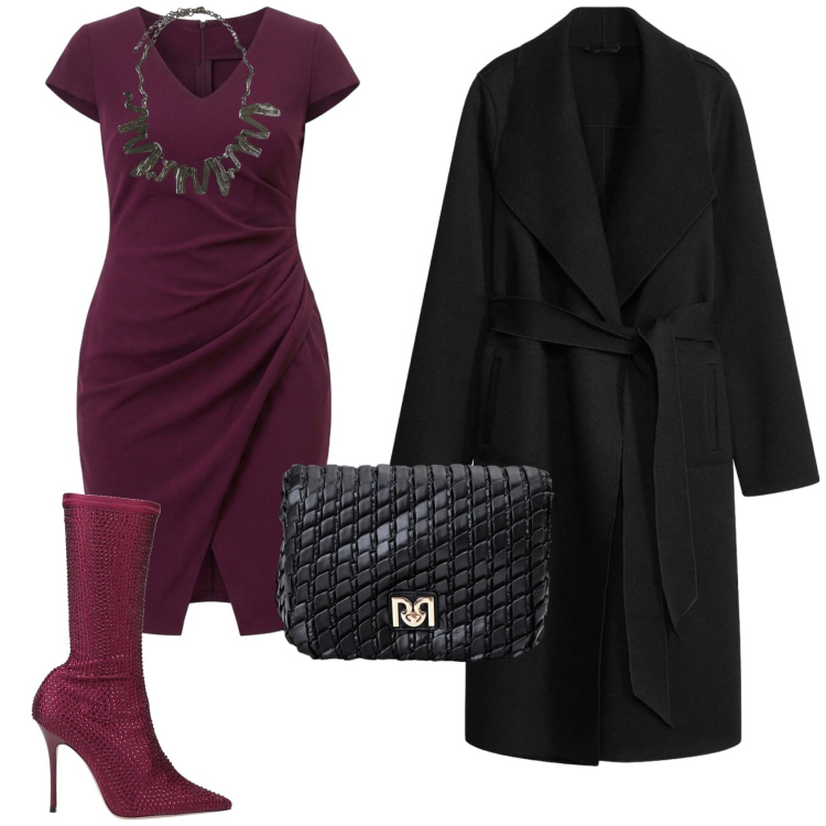 Outfit donna - Total look #2496079. Stile Chic per Serata fuori. Abbinamento con stivali, ciondoli, borse a tracolla, vestiti asimmetrici, cappotti.