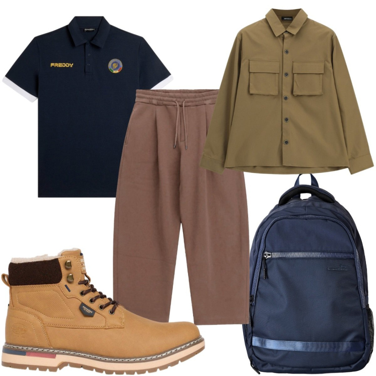 Outfit uomo - Weekend fuori porta trendy. Stile Casual per Tutti i giorni. Abbinamento con borse sportive, pantaloni, cappotti, polo, stivali e stivaletti.