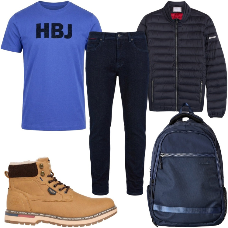 Outfit uomo - Weekend fuori porta. Stile Casual per Tutti i giorni. Abbinamento con borse sportive, jeans slim fit, t-shirt, piumini, stivali e stivaletti.