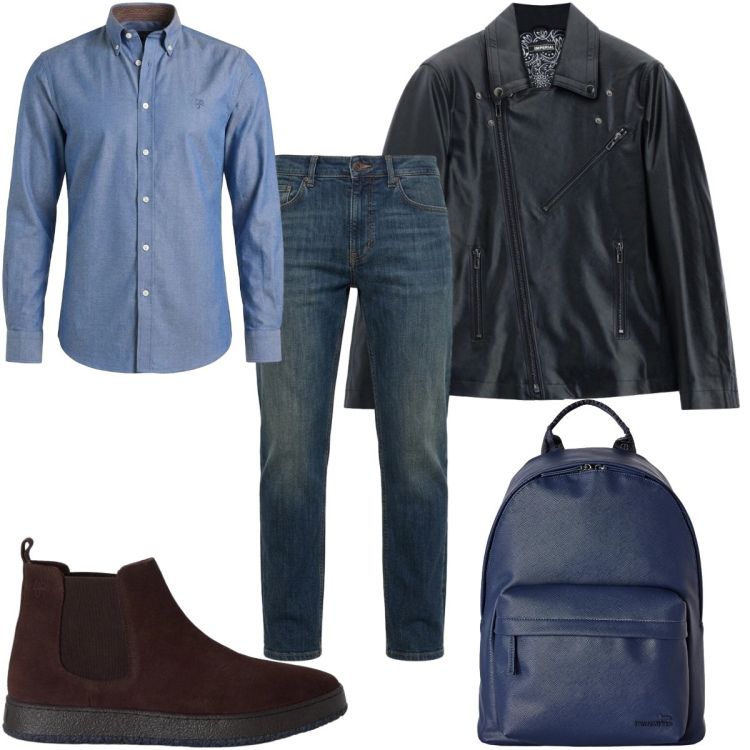 Outfit uomo - Denim & Leather casual. Stile Casual per Tutti i giorni. Abbinamento con camicie, jeans, borse sportive, stivali e stivaletti, giacche.