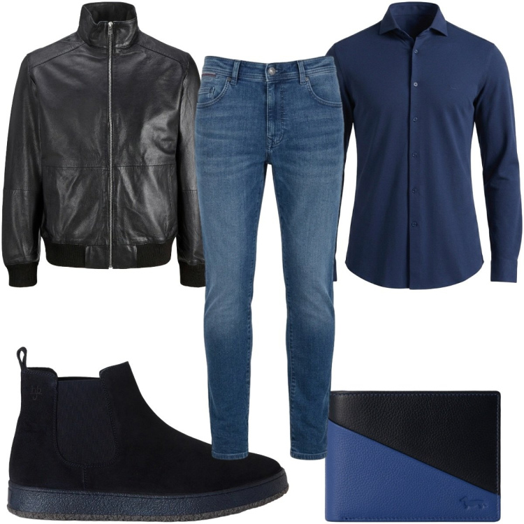 Outfit uomo - Total look #2496093. Stile Casual per Tutti i giorni. Abbinamento con camicie, portafogli, jeans slim fit, stivali e stivaletti, giacche.