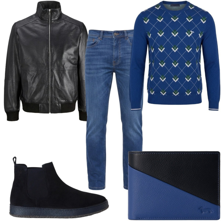 Outfit uomo - Denim & Leather in blu. Stile Trendy per Tutti i giorni. Abbinamento con stivali e stivaletti, maglieria, portafogli, jeans, giacche.