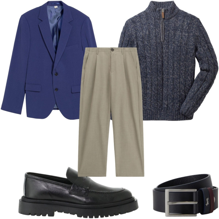 Outfit uomo - Completo destrutturato ufficio. Stile Casual per Ufficio. Abbinamento con cinture, scarpe stringate, pantaloni, maglieria, giacche.