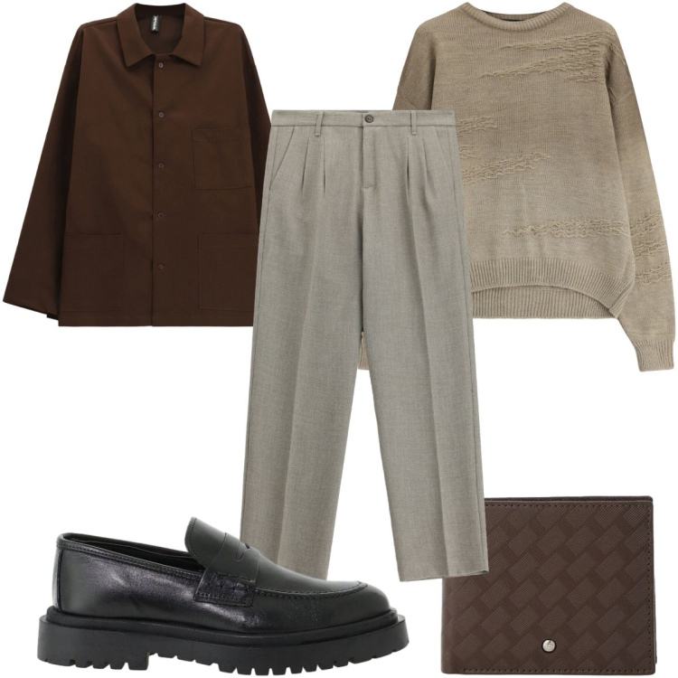 Outfit uomo - Completo destrutturato. Stile Casual per Tutti i giorni. Abbinamento con pantaloni, maglieria, scarpe stringate, cappotti, portafogli.