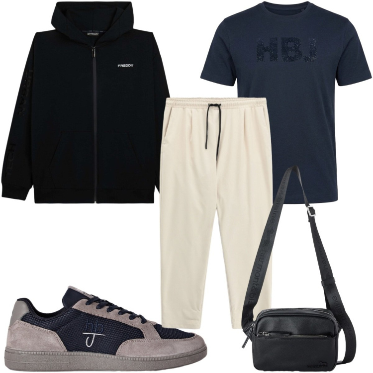 Outfit uomo - Total look #2496097. Stile Trendy per Sport. Abbinamento con borse sportive, sneakers, t-shirt, pantaloni, felpe con cappuccio.