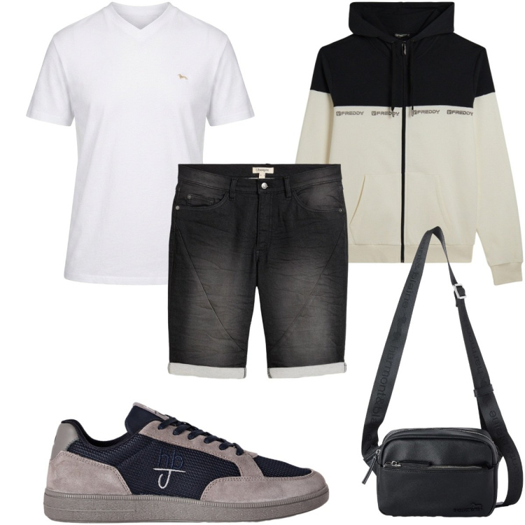 Outfit uomo - Total look #2496098. Stile Casual per Tutti i giorni. Abbinamento con borse sportive, t-shirt, sneakers, felpe con cappuccio, bermuda.
