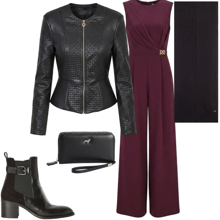 Outfit donna - Pop of red. Stile Casual chic per Serata fuori. Abbinamento con portafogli, stivaletti, sciarpe, tute, giacche.