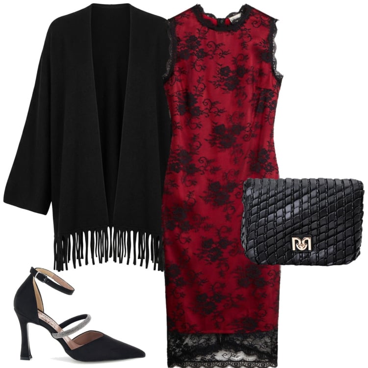 Outfit donna - Pop of red. Stile Casual chic per Serata fuori. Abbinamento con borse a tracolla, cardigans, vestiti, décolleté.